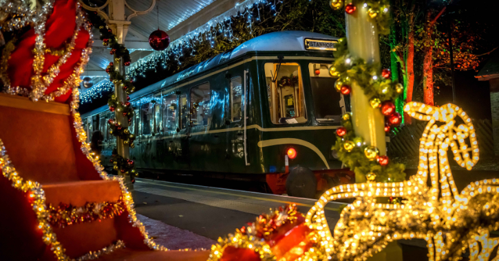 Weardale Railway train and station decorated for Christmas.